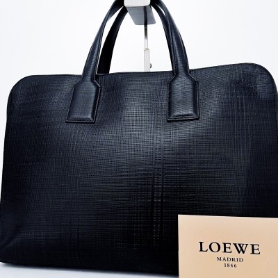 1円■未使用級■幻の逸品■現行デザイン LOEWE ロエベ アナグラム型押し トートバッグ ビジネス ブリーフケース A4 レザー メンズ ブラック