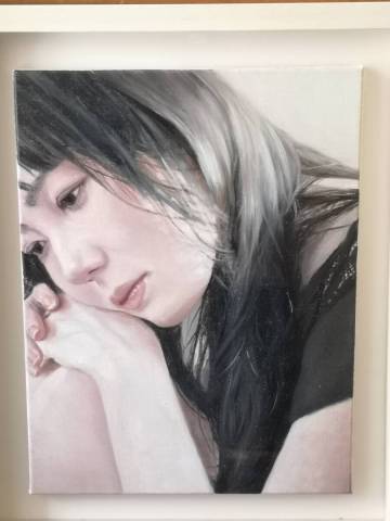 【真作】鈴木那奈「thinking of」油彩 油絵 額装 サイン 肉筆 美人画 写実 リアリズム 検: 諏訪敦 中島健太 塩谷亮 小尾修 岡靖知 冨所龍人