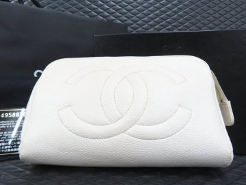 ◆美品◆CHANEL シャネル◆キャビアスキン レザー 本革◆ポーチ◆ホワイト ゴールド金具◆ヴィンテージ◆ココマーク◆A17039