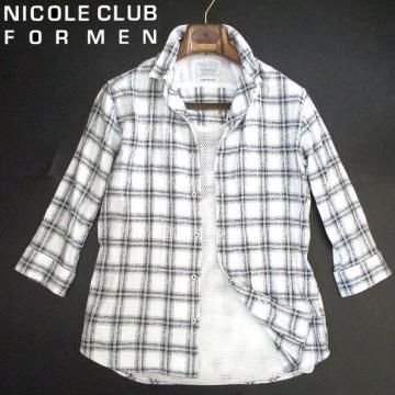 春夏▼ ニコル　七分袖シャツ　日本製生地　48　Lサイズ　NICOLE CLUB FOR MEN　衿ワイヤー　白　チェック　格子柄　7分袖