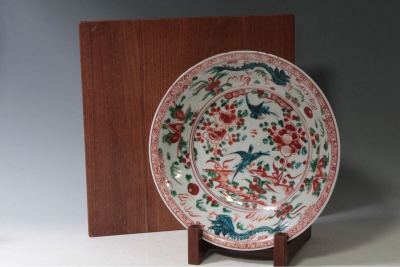 【英】B370 呉須赤絵龍花鳥図大皿 D39.3㎝ 中国美術 朝鮮 韓国 李朝 高麗 色絵 大鉢 骨董品 美術品 古美術 時代品 ss