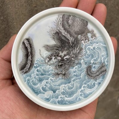 景徳鎮 青花墨竜蓋置 紫砂壷蓋託 壺承 茶道具 装飾品 工芸品