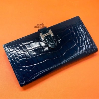 未使用近・希少色 ●エルメス 3505 HERMES ベアン スフレ 長財布 クロコダイル アリゲーター ターコイズブルー ●□D刻印 1円~メンズ