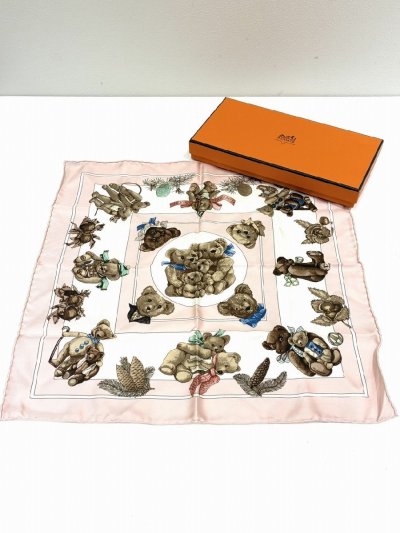 【え沖】Herms CONFIDENTS DES COEURS エルメス 心の友 テディベア スカーフ ハンカチ シルク 約42&times;42cm MD862MRR39