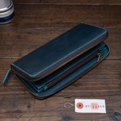 オイルヌバック【牛革】イタリアンレザー メンズ 本革 長財布 ラウンドファスナー 新品 未使用 送料無料 1円 青 インディゴブルー 田中革具