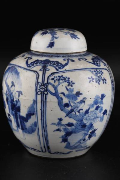 【京蔵】1円から 中国 清 青花錦地開光仕女花鳥紋 底款「二重サークル」 中国古玩 景徳鎮 染付 薑罐 骨董 古美術