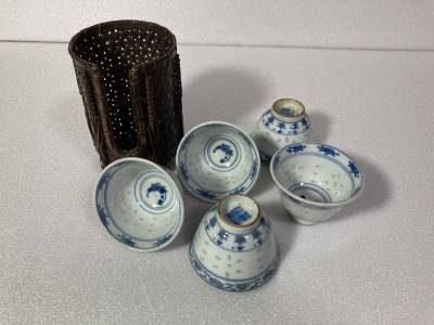 中国　唐物　煎茶器　ぐい呑み　蛍焼き5客　【中国景徳鎮製】古竹鞘付　無傷完品　極美品ー