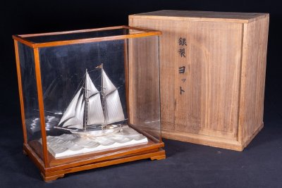 【珍品堂】1円から 帆船ヨット 刻印有 銀製/銀/純銀/SIERLING/SILVER (検) 置物 H34cm 重3195g M-C43LN-SR5