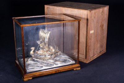 【珍品堂】1円から 宝船 細密彫刻 銀製/銀/純銀/SIERLING/SILVER (検) 刻印有 置物 H34cm 重6626g M-C42QNNS-SR5