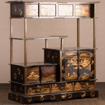 【流】時代漆器 丸紋金蒔絵茶箪笥 飾棚 高107cm DK729◎