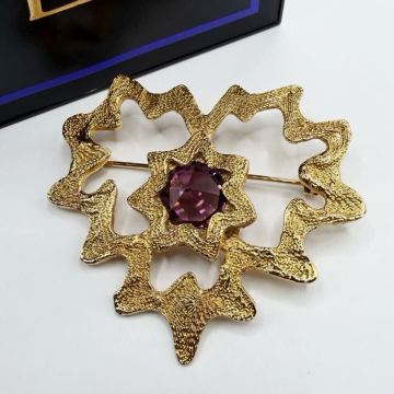 1円~ 美品 YVES SAINT LAURENT イヴサンローラン YSL ブローチ ゴールド ラインストーン カラーストーン パープル ハート ヴィンテージ 箱