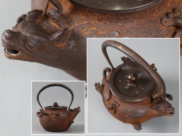 時代金工 亀文堂 狸形 遊環付 鉄瓶 1806g 湯沸 銅蓋 煎茶道具 水漏れ無し 細密細工 古美術品[e612]