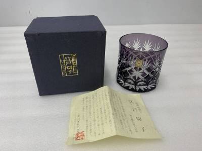 17071◆保管品　江戸切子　古紫　伝統工芸　色被せ硝子　ゆうパック着払い発送　写真追加有◆
