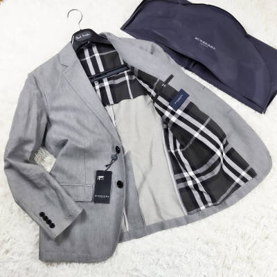 未使用級リネンBURBERRY LONDONナポレオンテーラードジャケットL~M霜降りグレー爽快麻コットン綿 背抜き大きいサイズ バーバリーロンドン