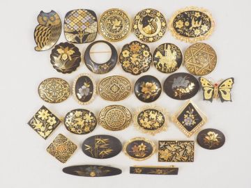 象嵌 ブローチ まとめて デザイン 色々 金工 大量セット 05 花 鳥 モチーフ アクセサリー