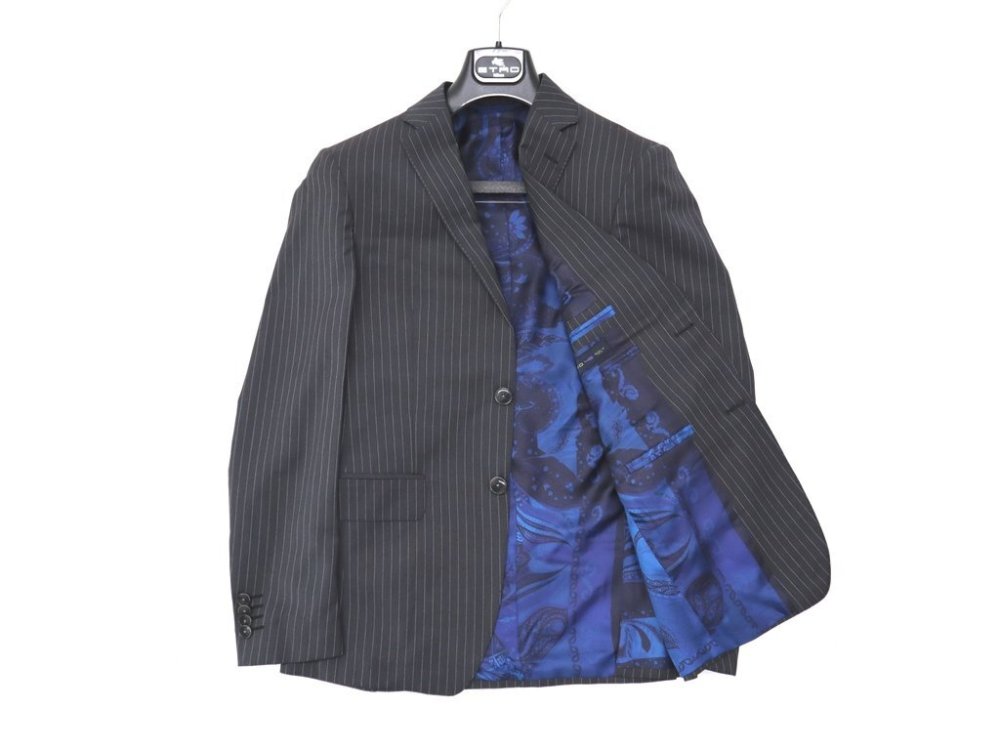 45万新品◆48=M◆エトロ ETRO◆ピンストライプ ウールスーツ ペイズリー&times;シルクライニング グレー灰 1円