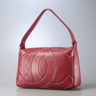 TK4263△00s CHANEL シャネル CC ココマークキャビアスキン レザー ハンドバッグ 鞄 赤 レッド系 9番台