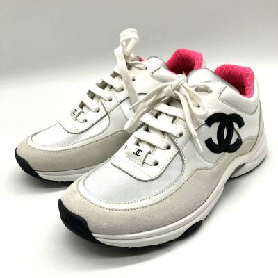 1円 美品 CHANEL シャネル ココマーク トレーナーズ スニーカー ホワイト&times;ピンク G3374 36 1/2