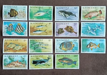 セントビンセント　1975 海洋生物　15種　サカナ　魚　魚類　哺乳類　クジラ　鯨　トビウオ　未使用糊あり