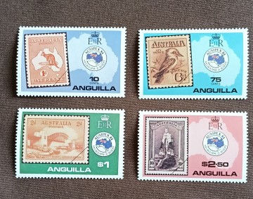 イギリス領アンギラ　1984 AUSIPEX'84 4完 オーストラリア国際切手展　切手の中の切手　カンガルー　カワセミ　未使用糊あり