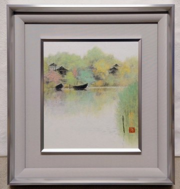 真作保証 久保嶺爾「緑映」日本画 3号 幻想的な岩彩美 日展会友 京都日本画家協会会員 外務省買い上げ ※ 池畔 丘 小舟