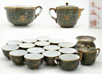 竜N213◆九谷焼 青粒唐草文 煎茶器 後手急須 湯呑 湯冷 建水 煎茶道具 懐石道具