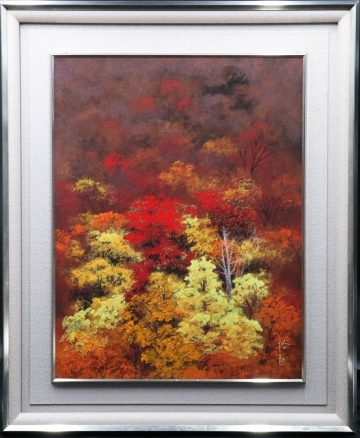【宙】真作保証 水島裕「錦秋」日本画 10号 サイン有 額装 共シール タトウ箱 鮮烈な紅葉と秋彩に包まれた山林風景 青龍社社人 [E]5T09.p.G