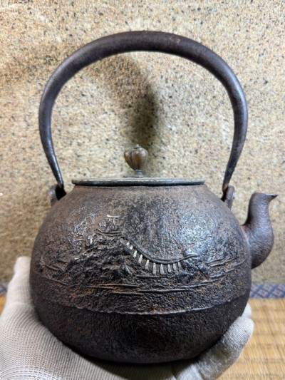 松栄堂　銀象嵌　 明治時代 鉄瓶 煎茶道具　 龍文堂