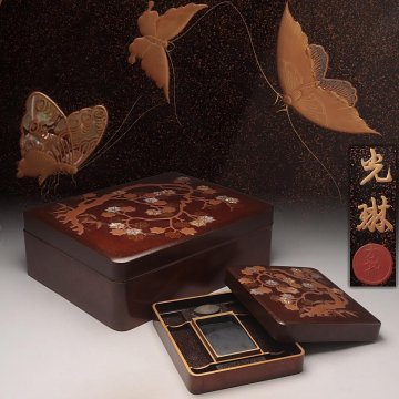 UV753 江戸期【尾形光琳 作】光琳蒔絵 金梨地 紅葉竹螺鈿蒔絵料紙硯箱 一具 二重木箱・紅葉見返蝶蒔絵料紙文庫硯箱 漆芸 書道古美術