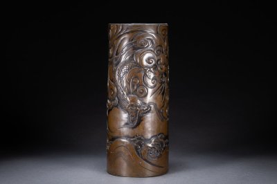 【雲錦】古美術 鋳銅 雲竜文 高浮彫 花瓶 筒花入 落とし付 鋲 銅器 竜 龍 雲竜 唐金7L8-274S7