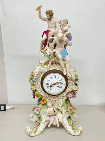 ロ2606-0433　マイセン　置時計　JUPITER　約65cm　陶器　Meissen　花　人　大型　直接引取限定：広島県