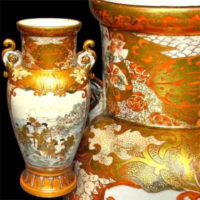 【翔苑】豪華絢爛 九谷焼 赤絵金彩窓絵賢人図 双耳花生 合箱 色絵 金彩 花鳥図 花器 花瓶 壷 陶器 陶磁器 05.18.125