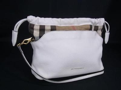 1円 BURBERRY バーバリー レザー&times;キャンバス 巾着型 クロスボディ ショルダーバッグ 斜め掛け レディース ホワイト系&times;ブラウン系 HA9140