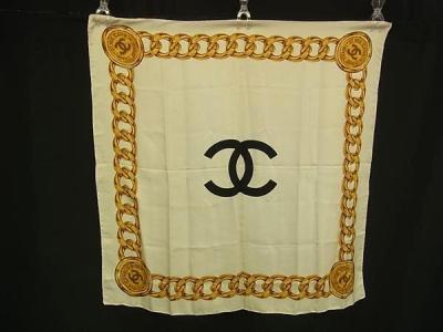 1円 CHANEL シャネル ココマーク シルク100% 大判 スカーフ ストール ショール レディース ライトベージュ系&times;ゴールド系 BR3452
