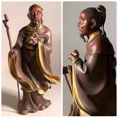 猫夢◆ 時代金工師 沼田一雅 晴光作 銅製 金彩 仙人置物 35cm 6773g 唐物 骨董 [O239]QU