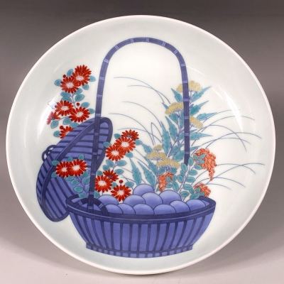 猫夢◆ 江戸後期 鍋島焼 色絵花籠団子図高台皿 19.5cm 唐物 骨董 [O275]PR