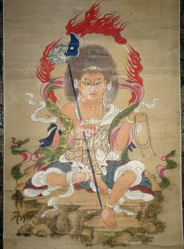 【掛け軸】　仏教美術　仏画　「牛頭天王像」　真作　真筆保証　高野裂表装　金軸　所蔵印あり　疫病鎮めの神　日本独自の尊格