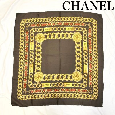 CHANEL シャネル チェーン柄スカーフ ゴールドのチェーン ダークブラウン シルク素材 スカーフ 大判