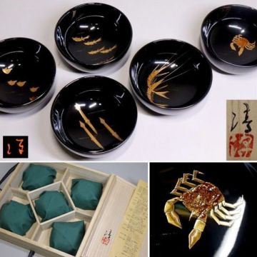 ★輪島塗　箱瀬淳一　磯蒔絵ぐい呑五客　盃　酒器　出来見事　天然木漆塗
