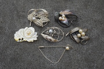 B266 マザーオブパール含む アコヤ真珠 本真珠 パール ブローチ 6点セット アクセサリー ヴィンテージ 大量 まとめて おまとめ