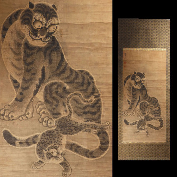【真作】A_XQ79_10 旧家初出 在銘 猫虎之図 水墨 肉筆 紙本 大幅 掛軸 横70cm / 朝鮮美術 李朝民画 中国古玩 清代 明代 古画 