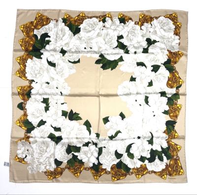 AZ-874 オールド CHANEL シャネル 大判 スカーフ シルク 100％ カメリア ゴールドチェーン 花柄 ココマーク ヴィンテージ イタリア製 美品 