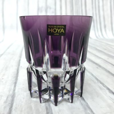 s001 J3 HOYA クリスタルガラス ショットグラス 冷酒器 紫色被せ パープル 色被切子 江戸切子 グラス 130ml 飲み口に欠けあり
