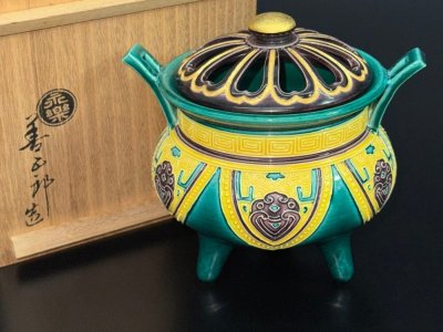 【江】名工 永楽善五郎 雷文青交趾香炉 約10.5&times;13&times;12.5cm 在銘 共箱 古美術品(茶道具香道具仏具)AXZ2414 OTABsnzz LTDBvnkp