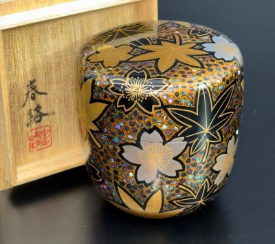 【江】橋本春路 雪春秋蒔絵大棗 直径約7.5cm&times;高さ7.5cm 共箱 古美術品(茶道具茶器漆器茶筒茶入)X2562 CTJBsdxk