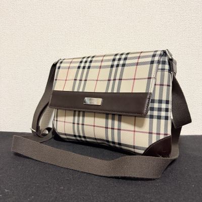 1円スタート！ 未使用級 BURBERRY バーバリー ノバチェック ショルダーバッグ キャンバス レザー ロゴプレート ベージュ ブラウン 斜めがけ