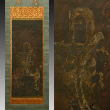 【古画】喜聞「不動明王像 (童子三体立像)」1幅 古筆 古文書 古書 日本画 仏画 仏教美術 密教 真言宗 曼荼羅 中国絵画 中国仏教 茶道 室町