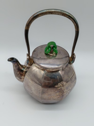 純銀 銀瓶 404g 小振り made in Japan 純銀製 丸嘉製 湯沸 薬缶 急須 Japanese Pure Silver Tea Kettle Ginbin 中古品 翡翠 ヒスイ
