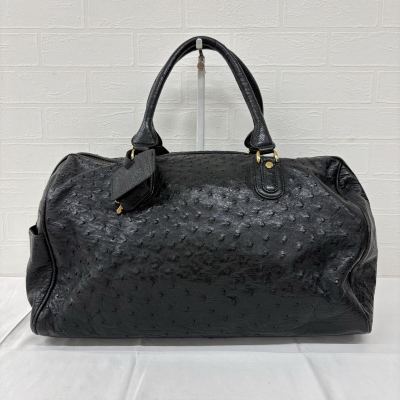 2145△ ③ ブランド不明 オーストリッチ ボストンバック レディース メンズ 男女兼用 ブラック 黒 ゴールド金具 レザー 旅行 ハンドバッグ