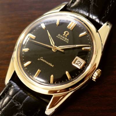 ★極希少極上品!!OH済!ブラック文字盤!!■OMEGA Seamaster 金無垢ベゼル!! Cal,562■14701